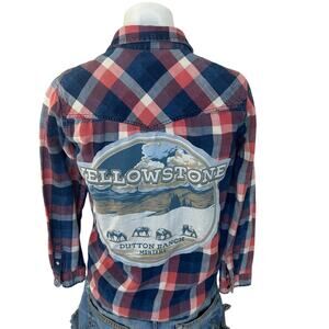 Yellowstone Dutton Ranch Plaid Western Shirt SMALL Upcycle Unique Pearl Snap